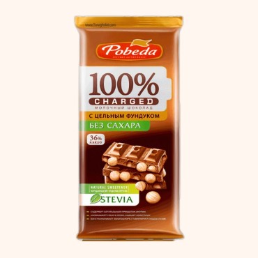 شکلات شیری پوبدا حاوی استویا بدون شکر مدل شارژ به همراه تکه های فندق 90 گرمی