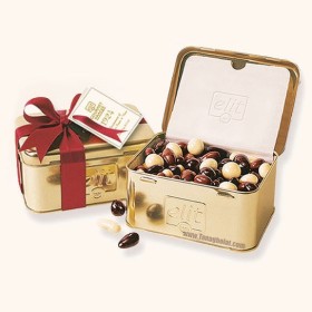 شکلات کادویی الیت مدل دراژه جعبه فلزی روبان دار طلایی