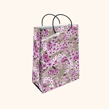 ساک کادویی متوسط طولی سایز 3 طرح گل بنفش با زمینه طوسی