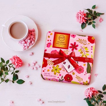 شکلات کادویی الیت گورمت کالکشن پرالین شکلات شیری و سفید جعبه فلزی