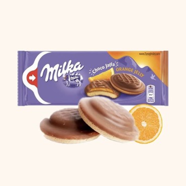 کیک شکلات میلکا مدل جافا با مغز ژله پرتقالی